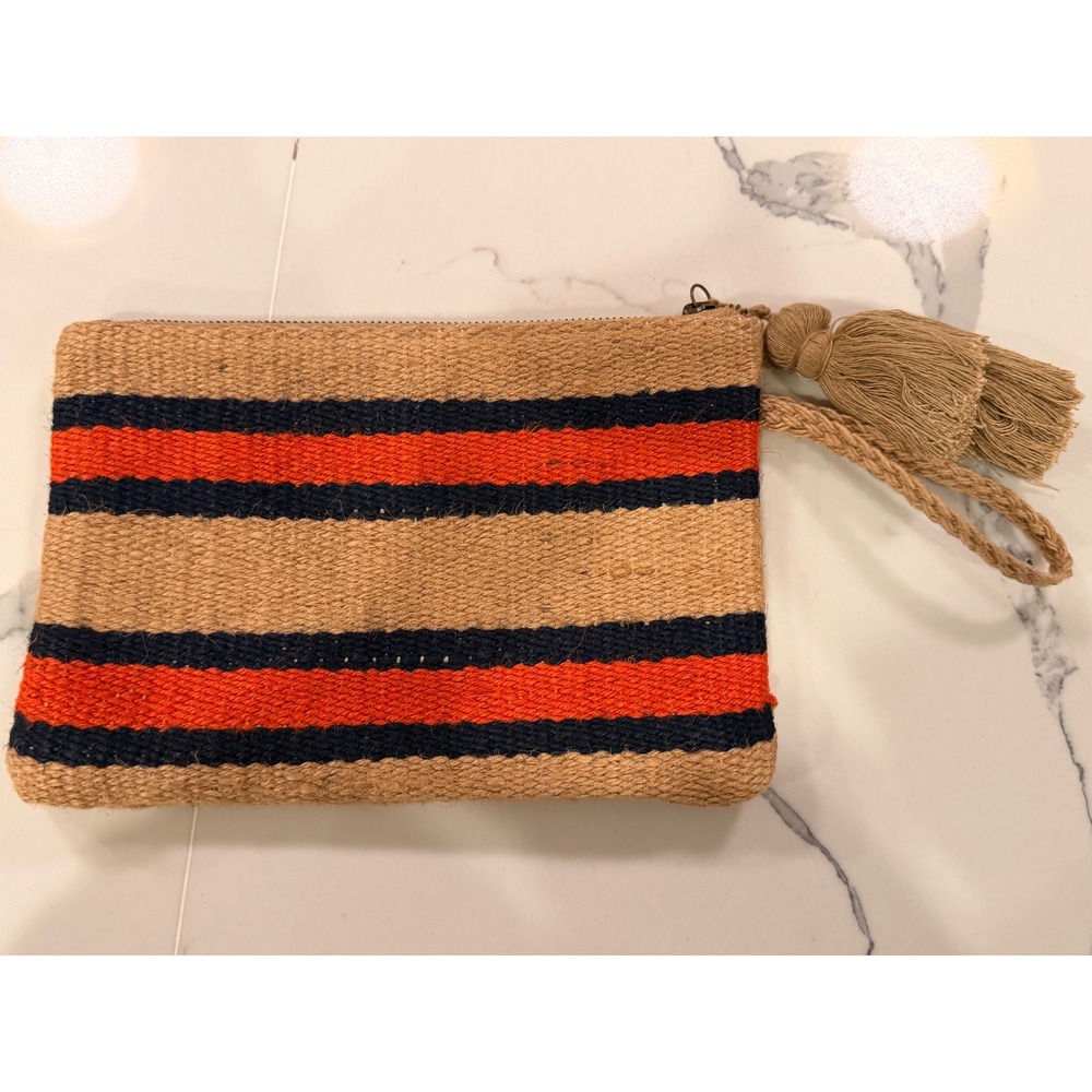 J Jill‎ Jute Stripe Clutch Wristlet Tan Orange Navy Tassel Boho Zip Bag